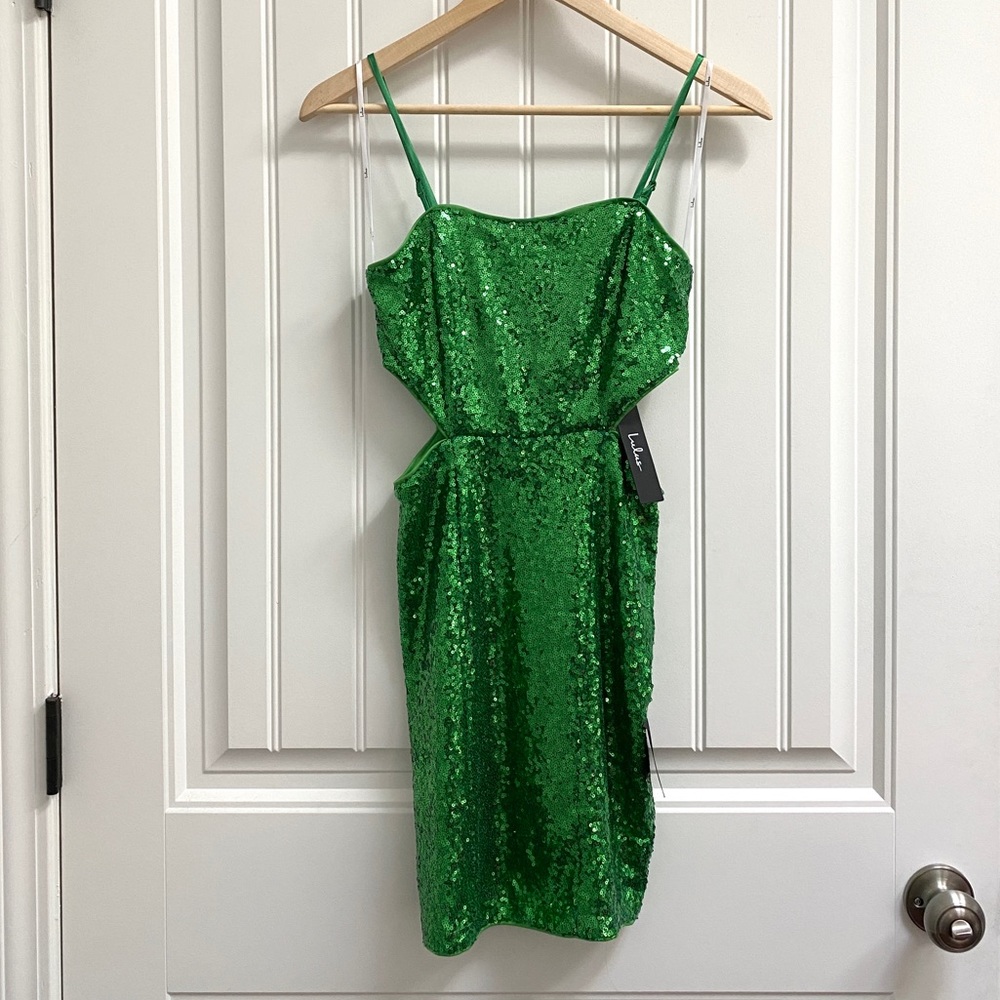Lulus NWT Shining Glam Green Sequin Cutout Bodycon Mini Dress XS Green